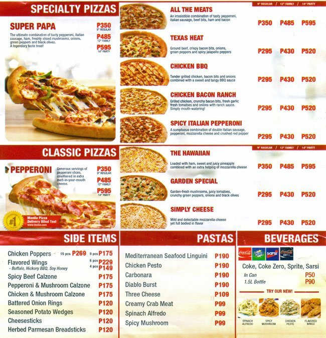 Papa Johns Desserts Menu
 Papa John s Menu Menu for Papa John s Masinag Rizal