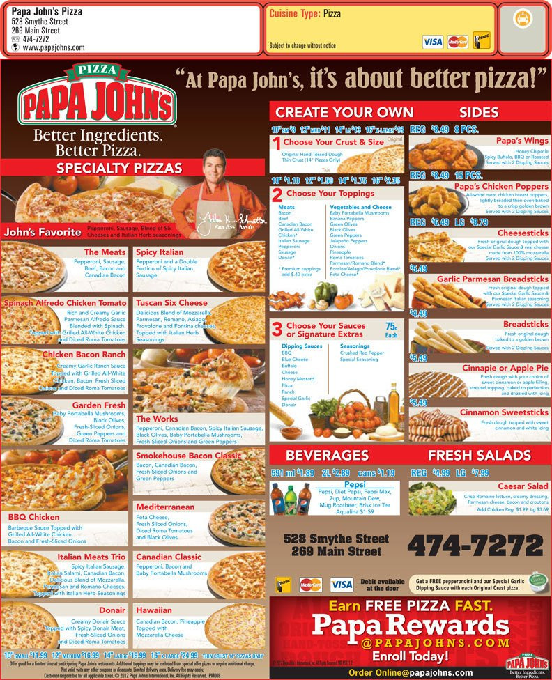 Papa Johns Desserts Menu
 Papa John s Pizza Fredericton NB 528 Smythe St