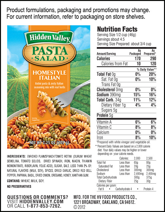 Pasta Salad Calories
 Hidden Valley Homestyle Italian Pasta Salad