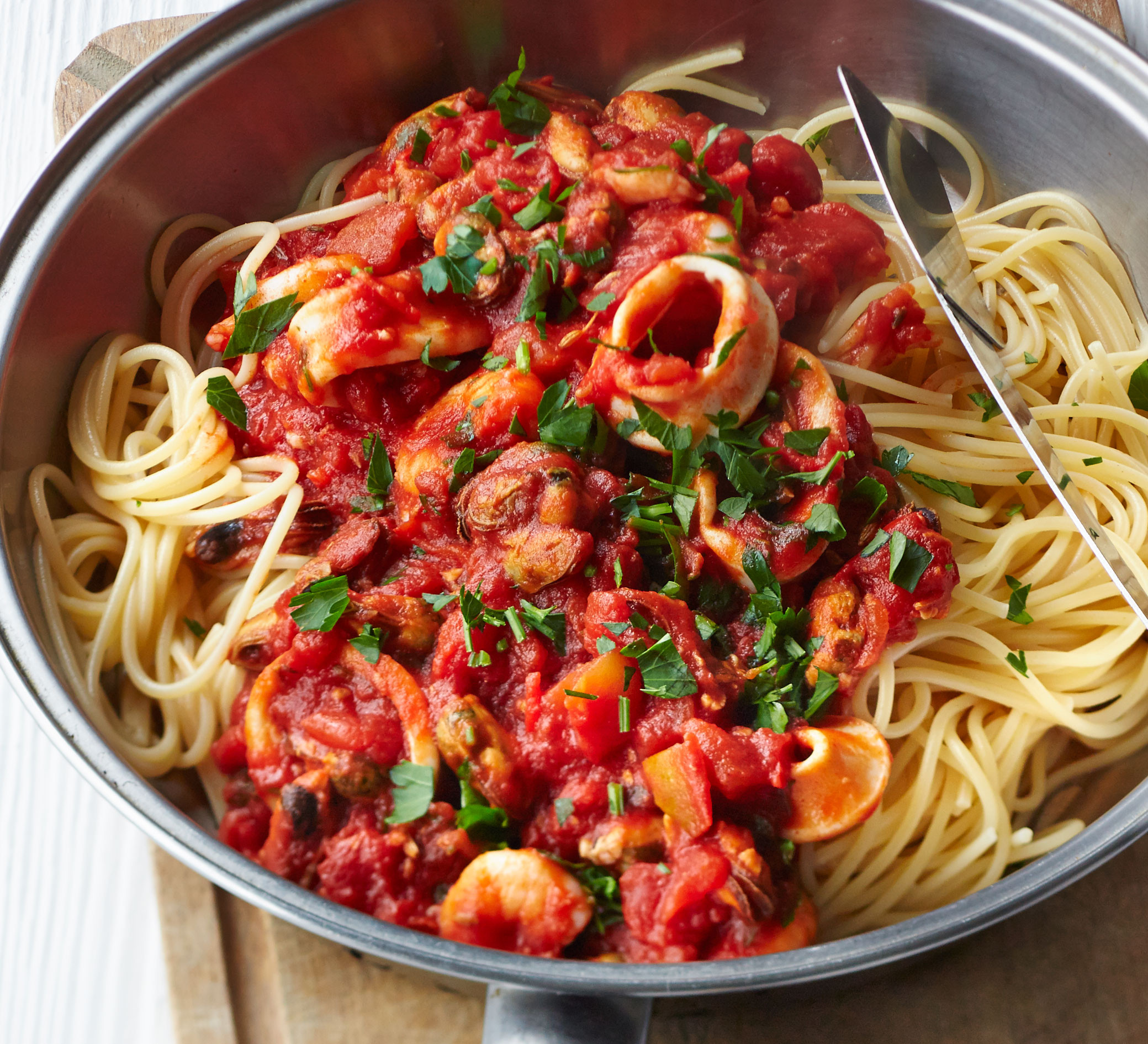 Pasta With Tomato Sauce
 Spaghetti with smoky tomato & seafood sauce