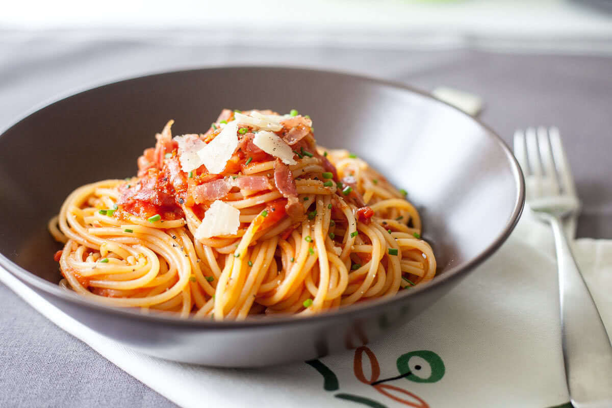 Pasta With Tomato Sauce
 Spaghetti in Tomato Sauce with Bacon Vibrant Plate