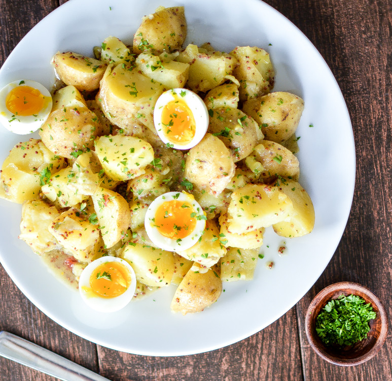 Potato Salad With Eggs
 Potato Salad with Soft Boiled Eggs and Maple Mustard Dressing