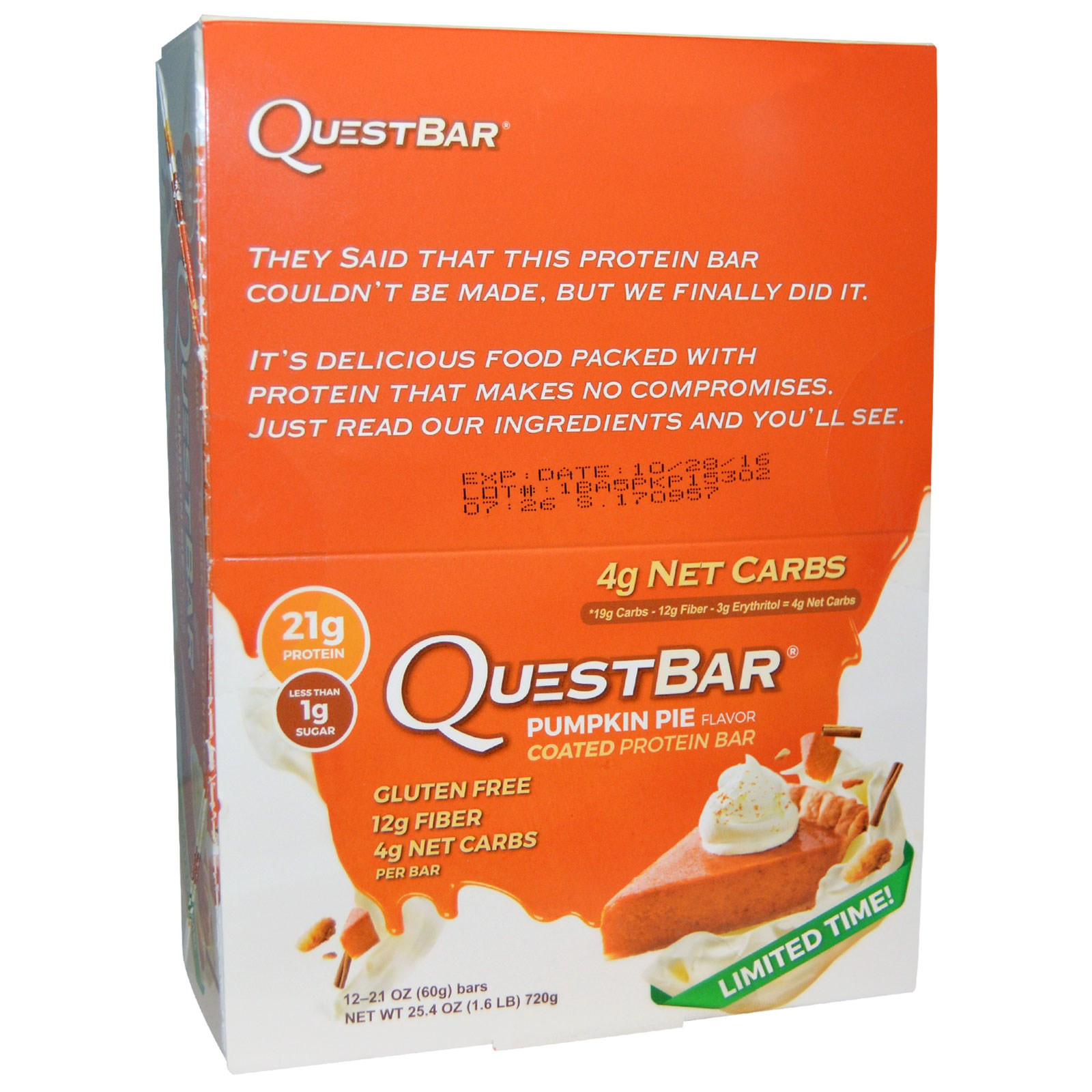 Pumpkin Pie Nutrition
 Quest Nutrition Coated Protein Bar Pumpkin Pie Flavor