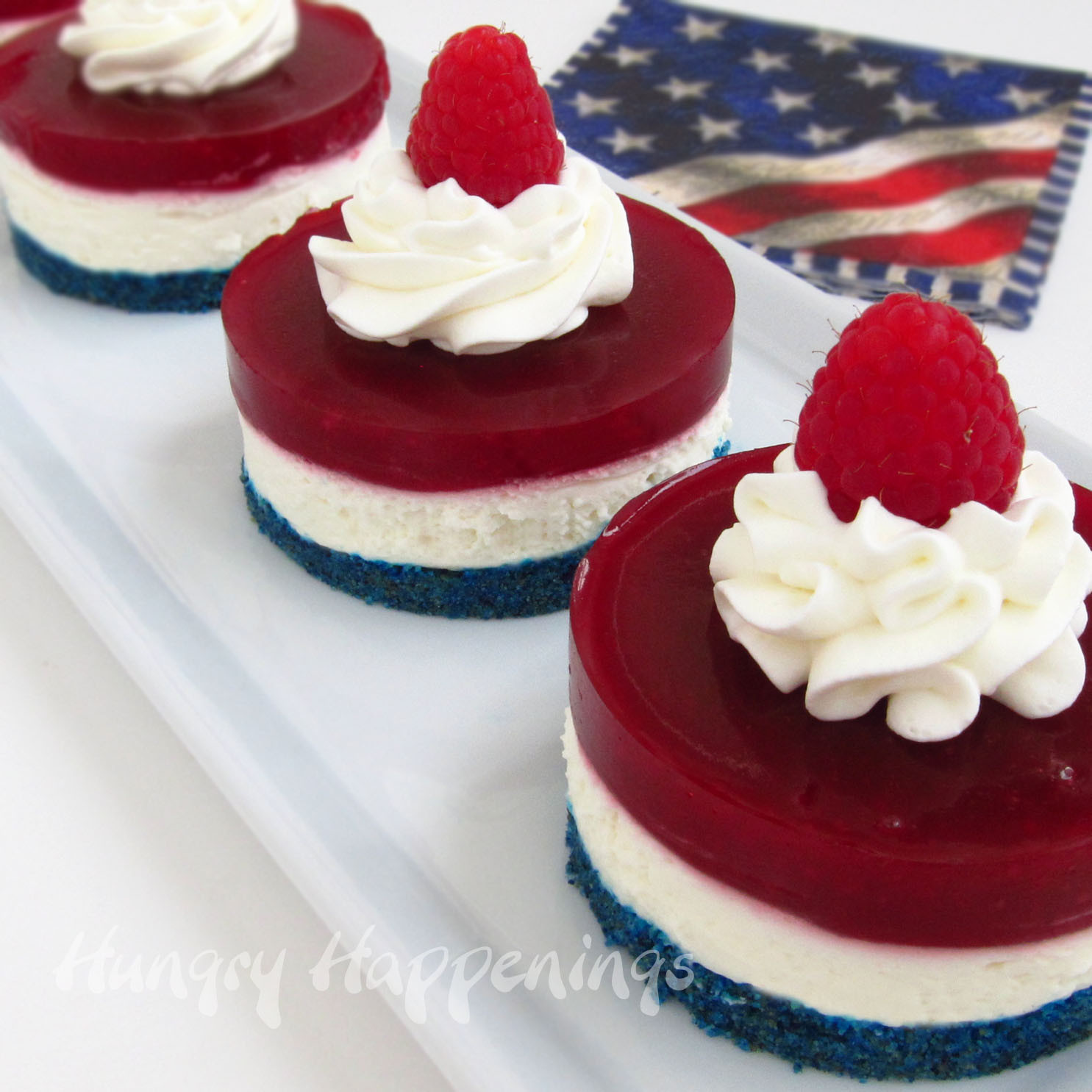 Red White Blue Dessert
 Patriotic Cheesecakes Topped with Raspberry Gelée and