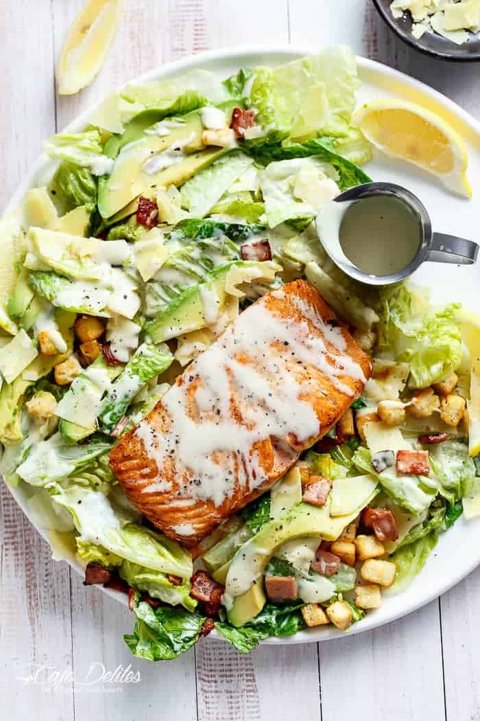 Salmon Caesar Salad
 Salmon and Avocado Caesar Salad Cafe Delites