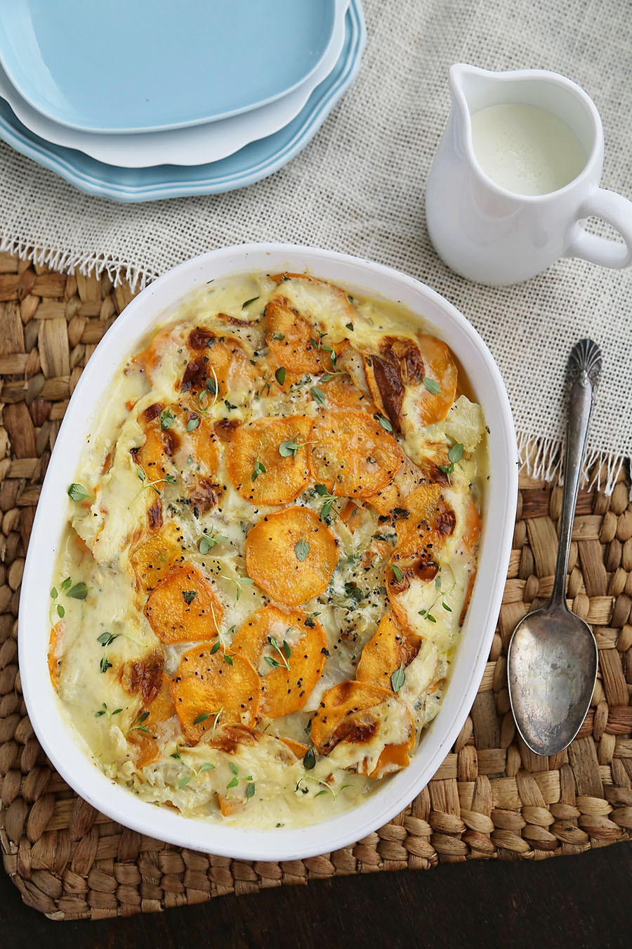 Scalloped Sweet Potatoes
 Parmesan Scalloped Sweet Potatoes with Thyme