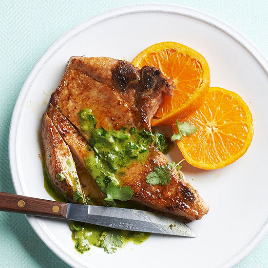 Seared Pork Chops
 Pan Seared Pork Chops with Cilantro Pesto