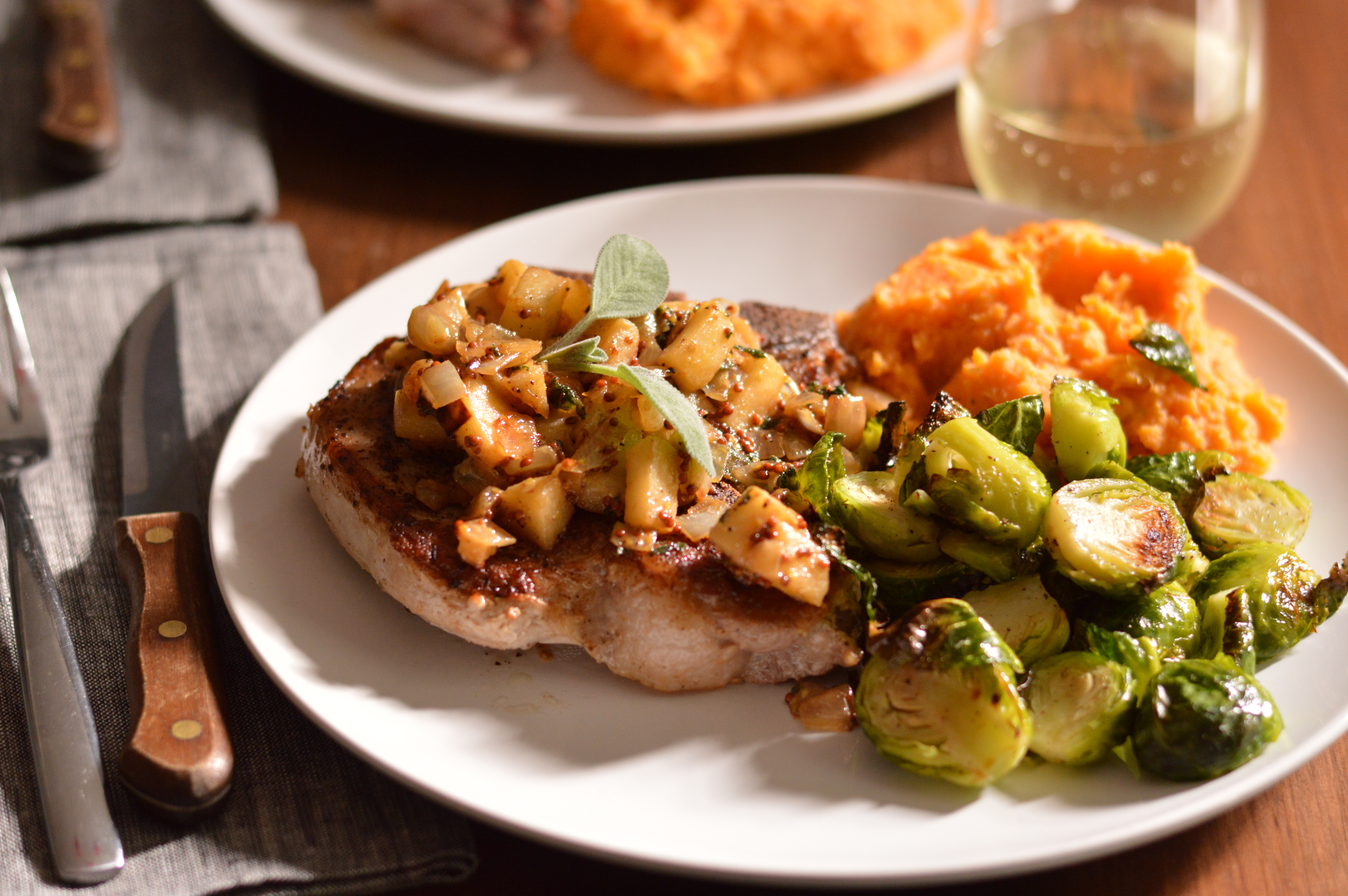 Seared Pork Chops
 seared pork chops with apples onions & mustard