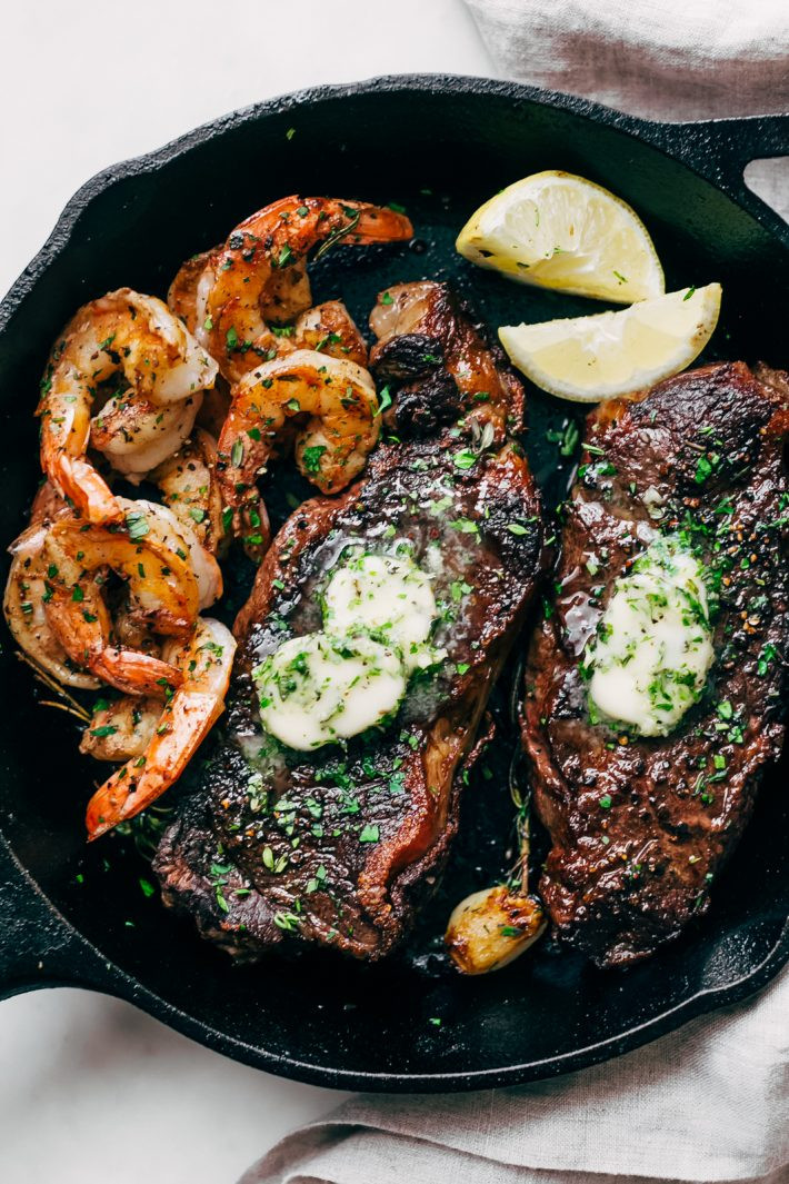 Steak Dinner Recipes
 Garlic Butter Skillet Steak and Shrimp Recipe