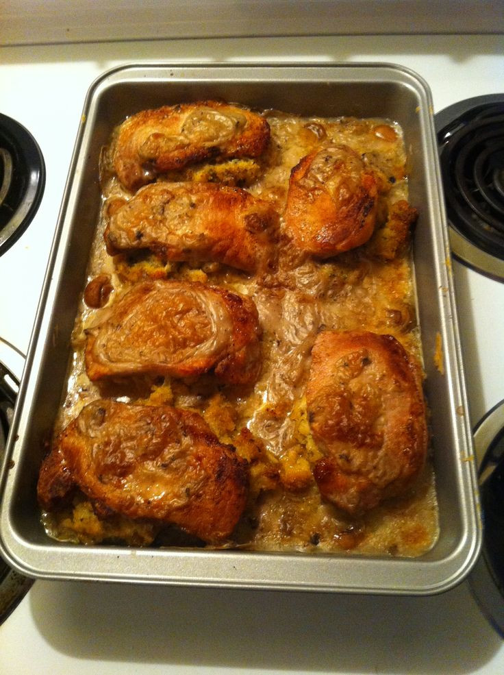 Stuffed Pork Chops In Oven
 Stuffed pork chops with can of cream of mushroom and whole