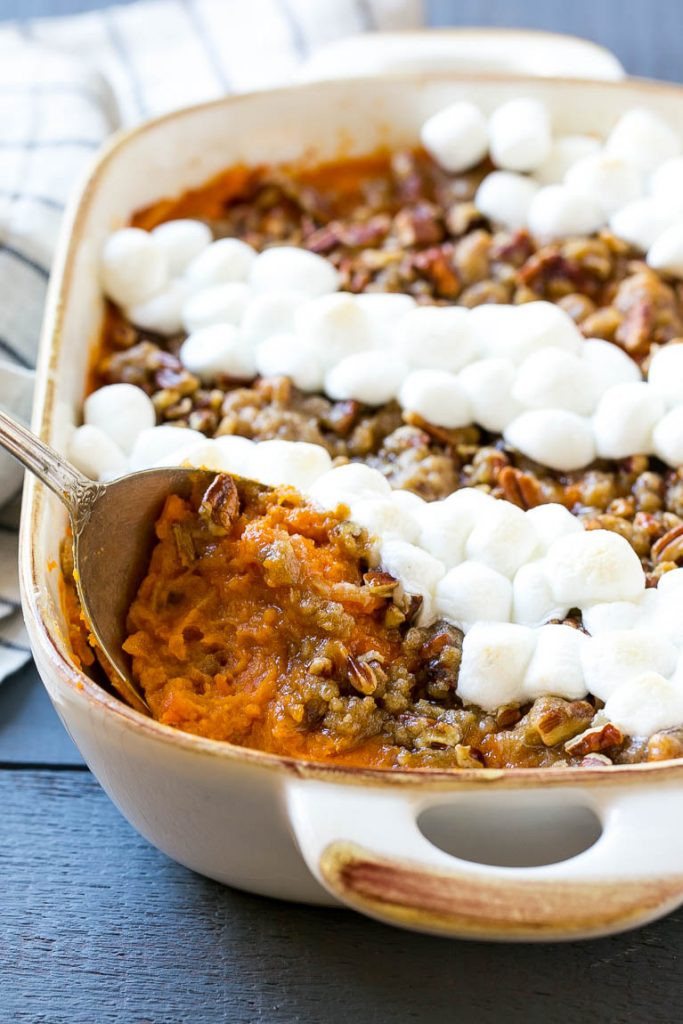 Sweet Potato Casserole With Pecans And Marshmallows
 sweet potato casserole with pecan and marshmallow topping