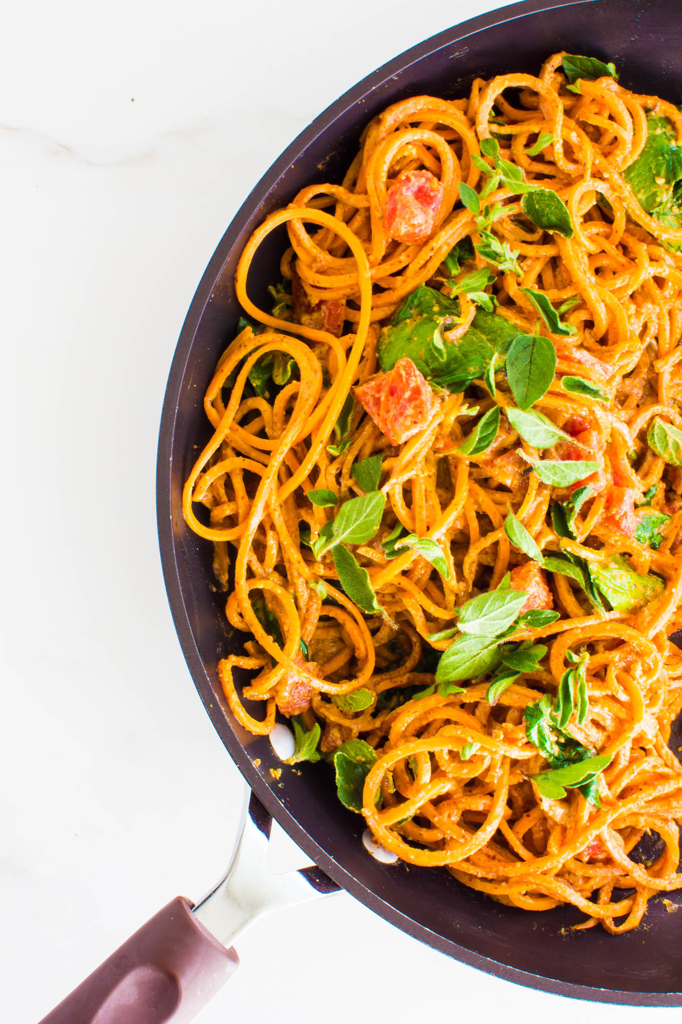 Sweet Potato Pasta
 Spiralized Sweet Potato Pasta with Creamy Garlic Almond