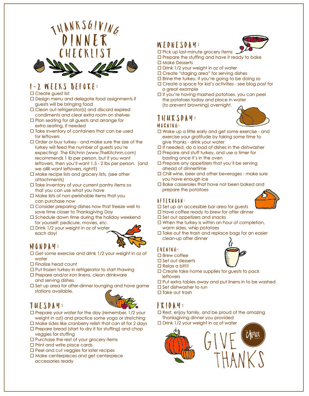 Thanksgiving Dinner List
 Free Printable Thanksgiving Checklist and Place Cards