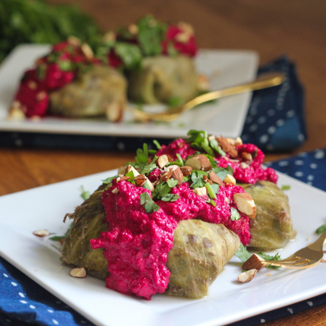 Vegetarian Stuffed Cabbage
 Ve arian Stuffed Cabbage with Creamy Beet Sauce What