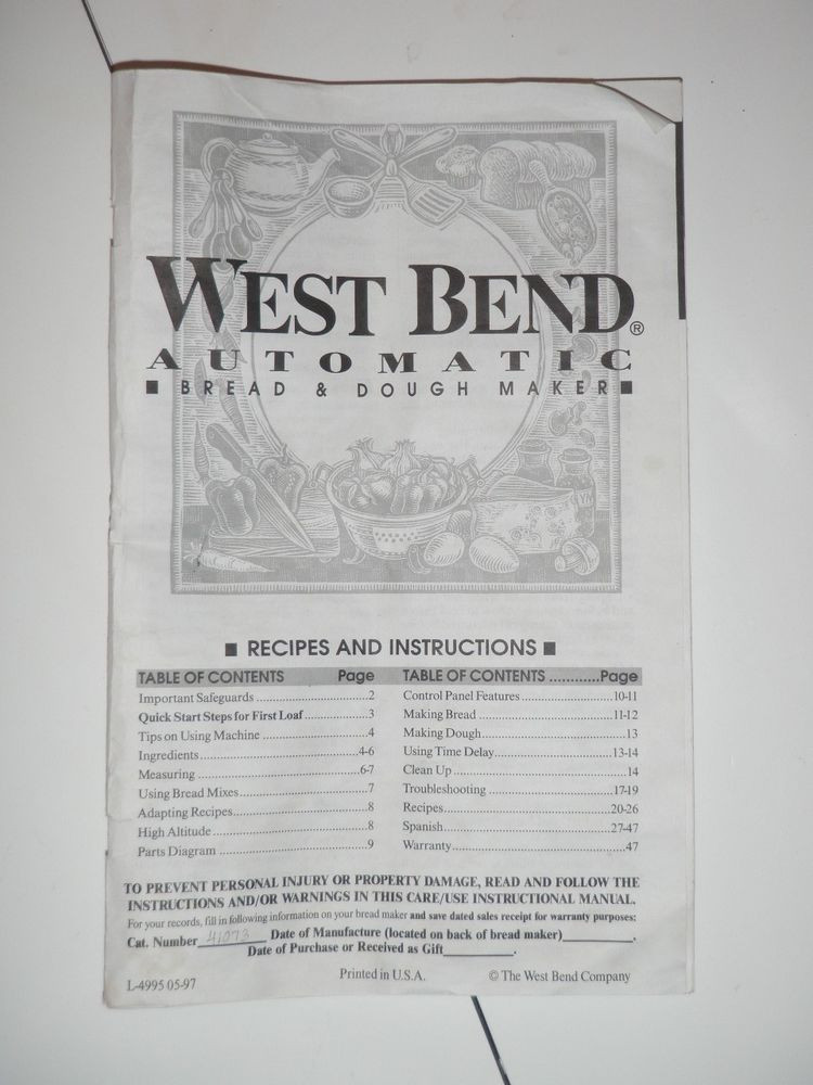 West Bend Bread Maker Recipes
 West Bend Bread Machine Manual & Recipes BMPF 1