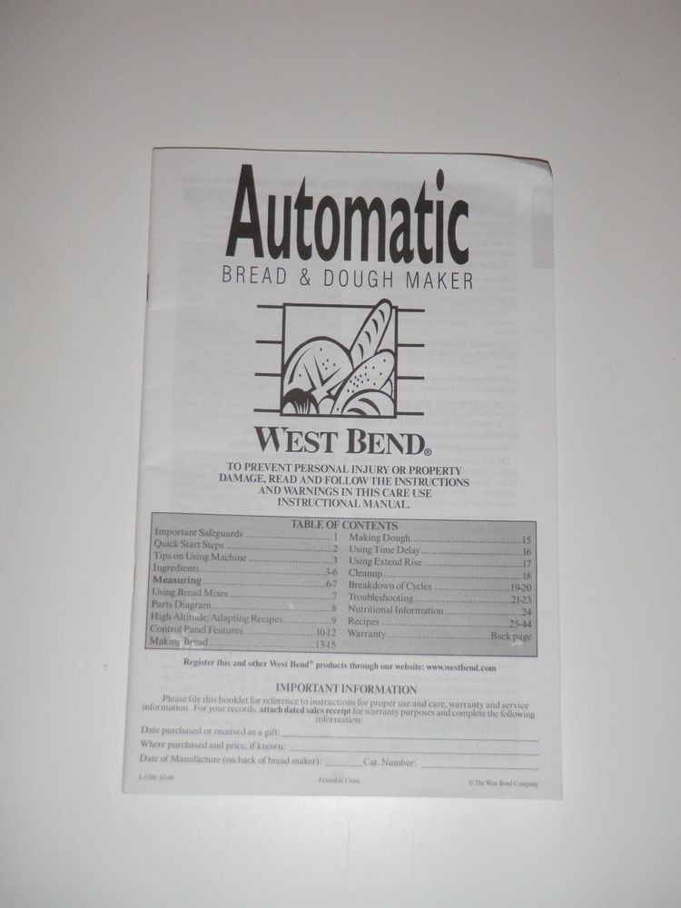 West Bend Bread Maker Recipes
 West Bend Bread Machine Manual & Recipes BMPF