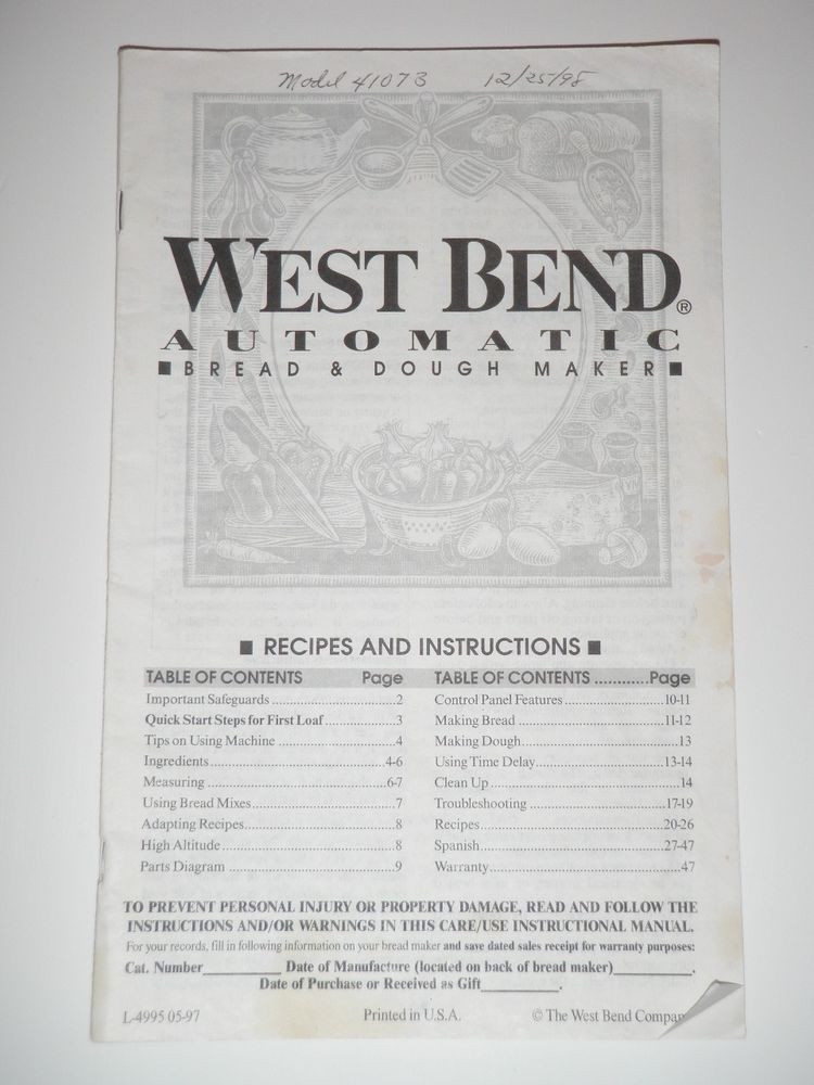 West Bend Bread Maker Recipes
 West Bend Bread Machine Manual & Recipes BMPF