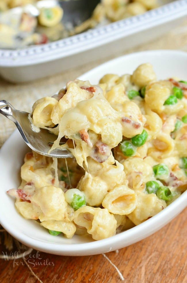What Meat Goes With Mac And Cheese For Dinner
 Creamy White Macaroni & Cheese with Peas ions & Bacon