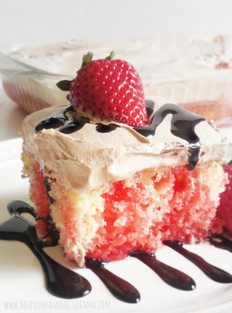White Cake With Strawberries
 Strawberry Poke Cake with Fluffy Chocolate Frosting