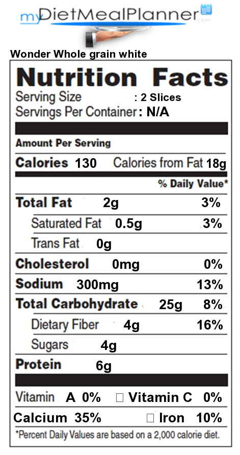 Whole Grain Bread Nutrition
 Calories in Wonder Whole grain white Nutrition Facts for