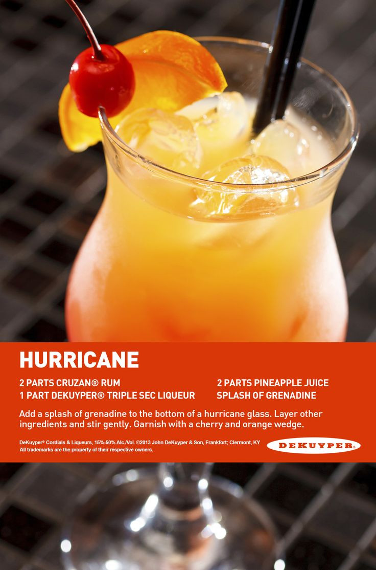 2 Ingredient Rum Drinks
 Hurricane drink 2 parts cruzan rum 1 part Dekuyper triple