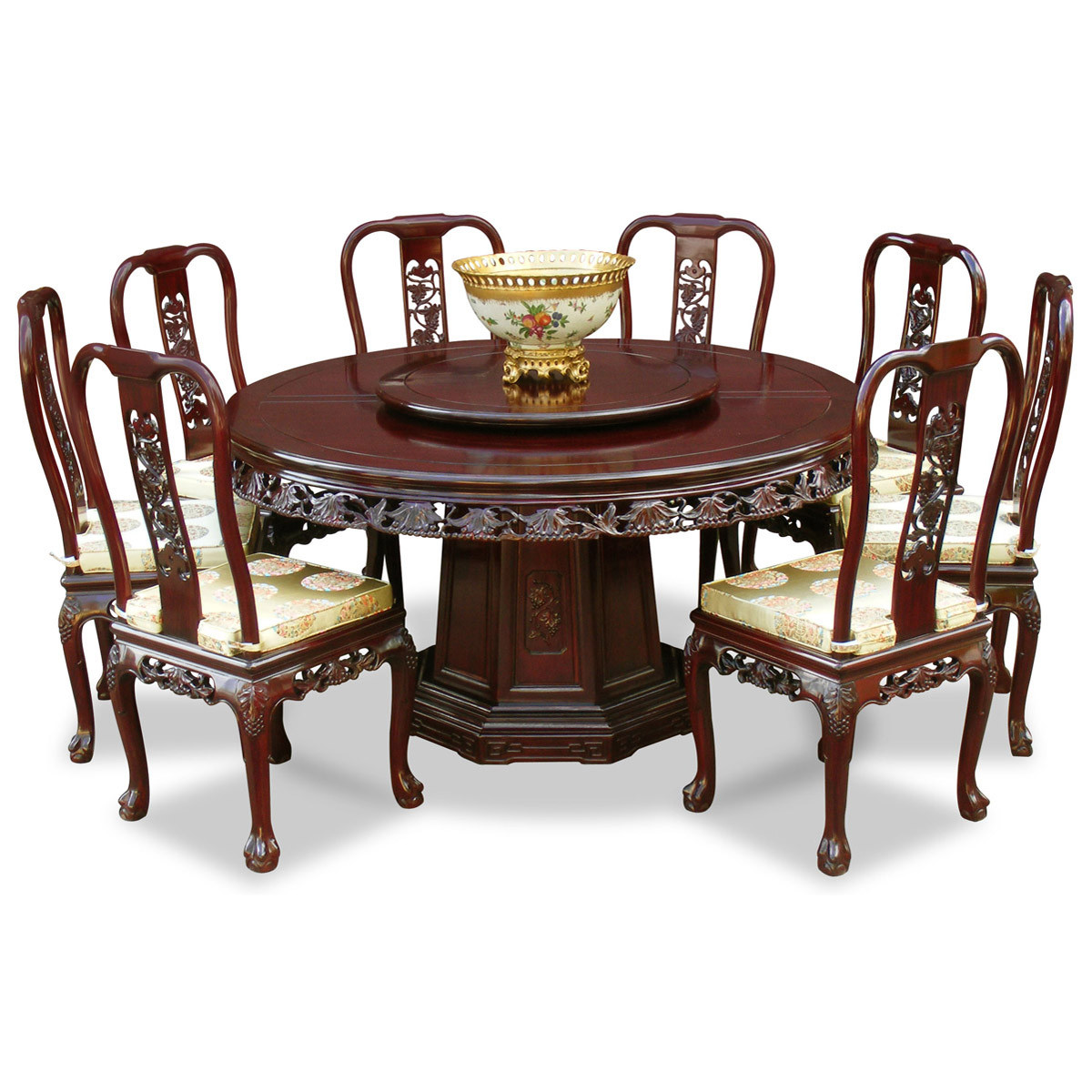 8 Chair Dinner Table
 60in Rosewood Queen Ann Grape Motif Round Dining Table