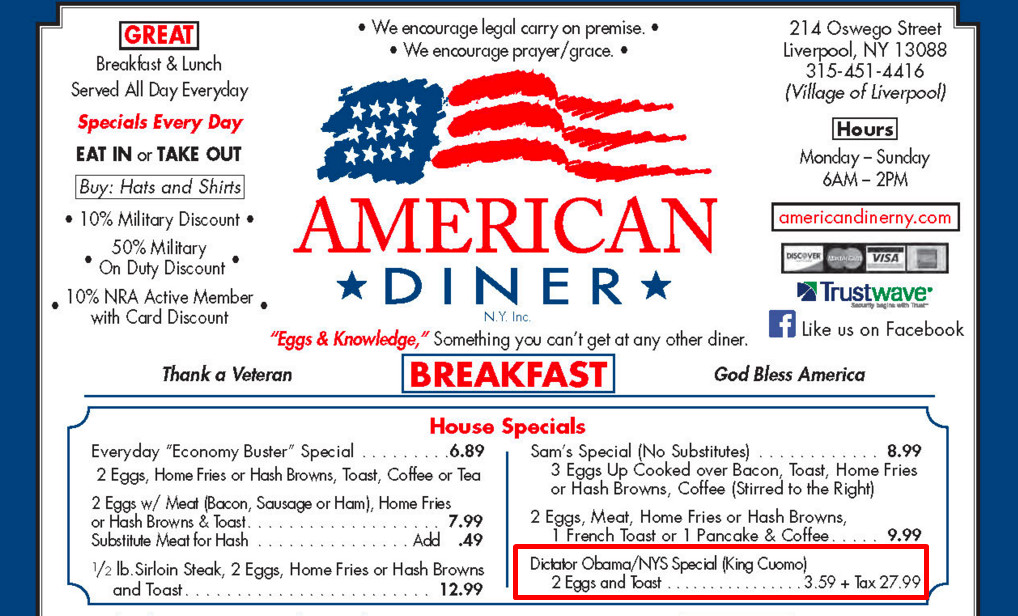 American Dinner Menu
 This Diner Is Serving a Dictator Obama Breakfast Special