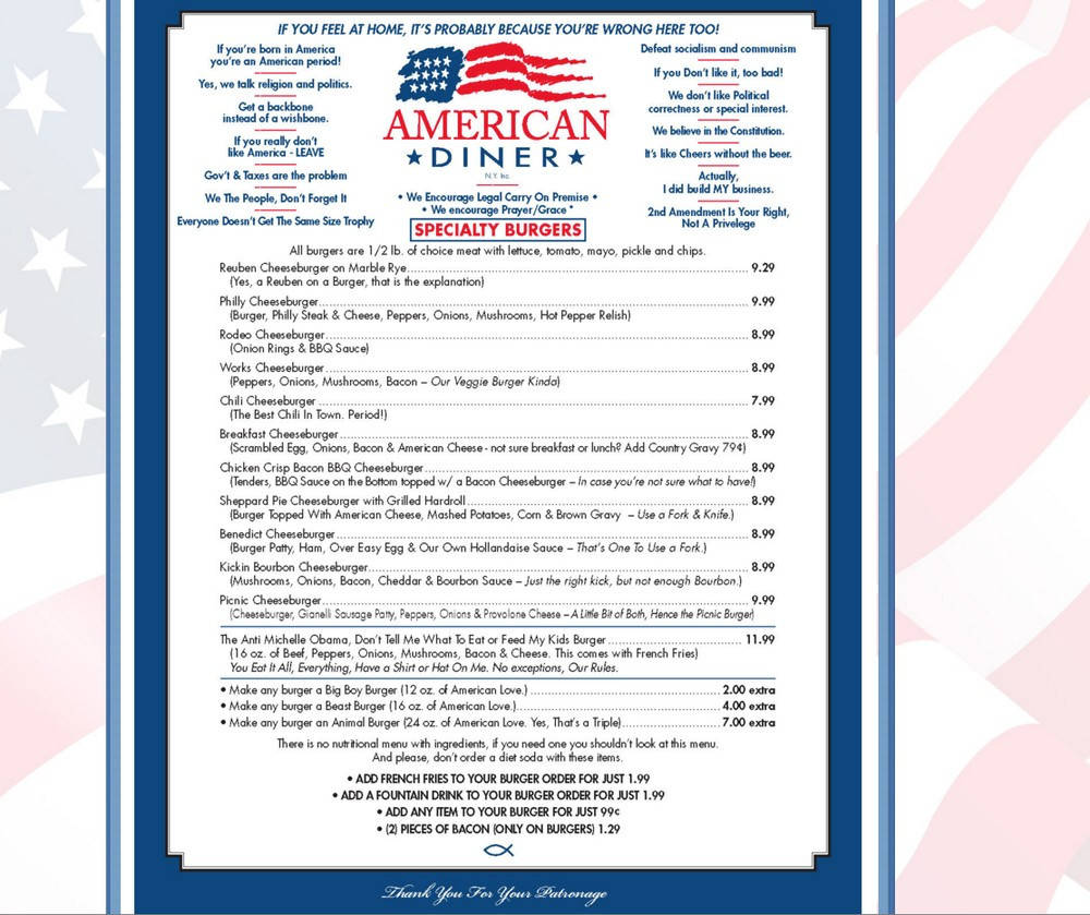 American Dinner Menu
 This Diner fers a "Dictator Obama" Special and an "Anti