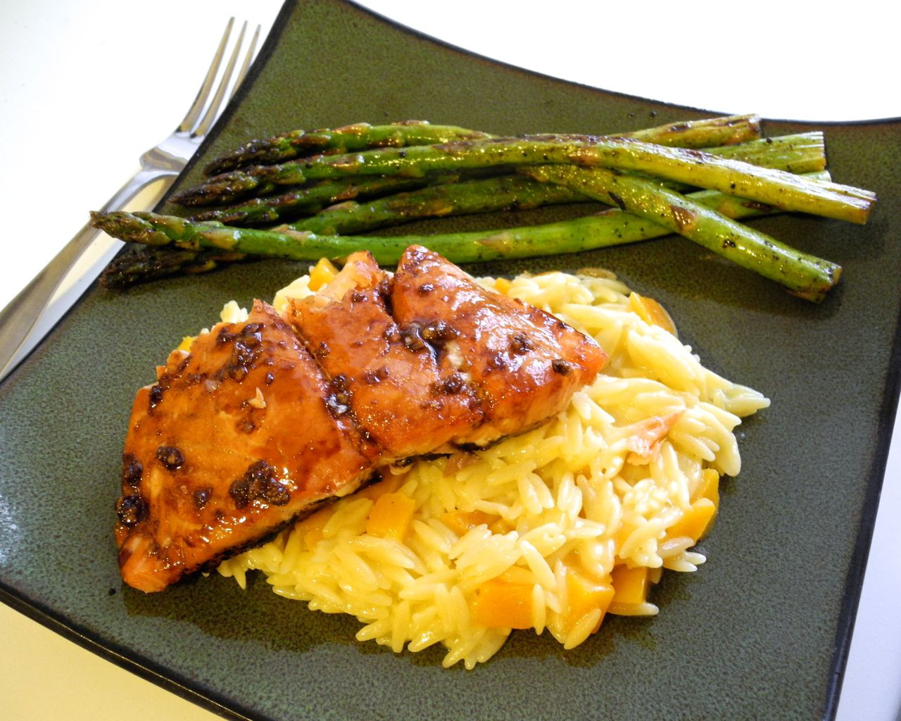 Asparagus And Salmon
 Maple Balsamic Salmon with Lemon Butternut Squash Orzo