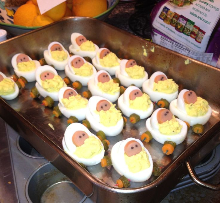 Baby Shower Deviled Eggs
 deviled egg baby carriages I did these for the guys