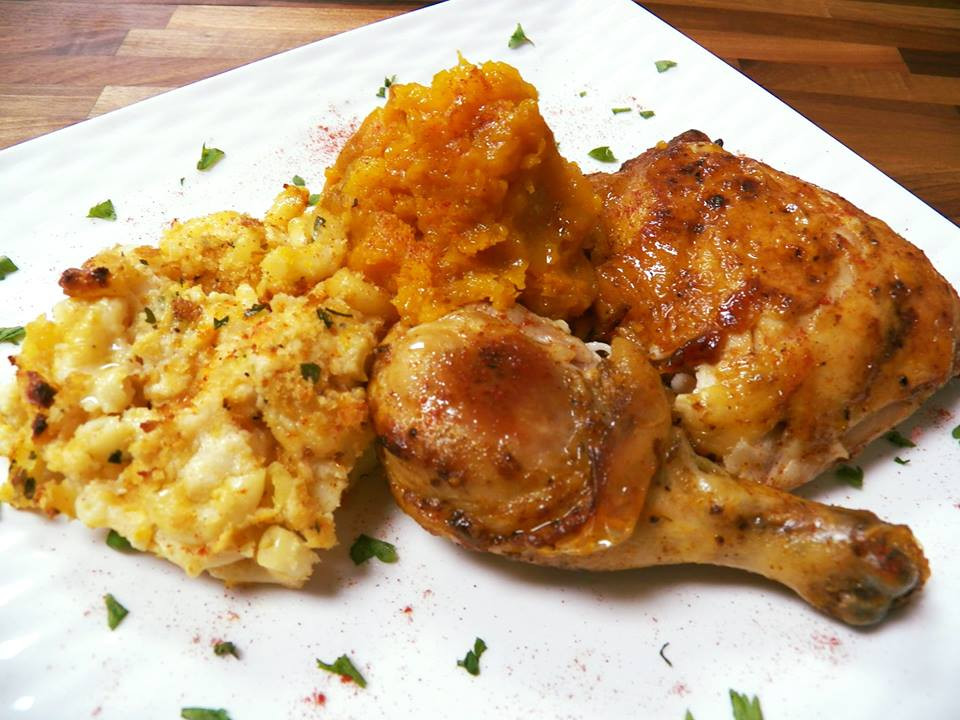 Baked Chicken Mac And Cheese
 BAKED CHICKEN WITH ROASTED CINDERELLA PUMPKIN AND