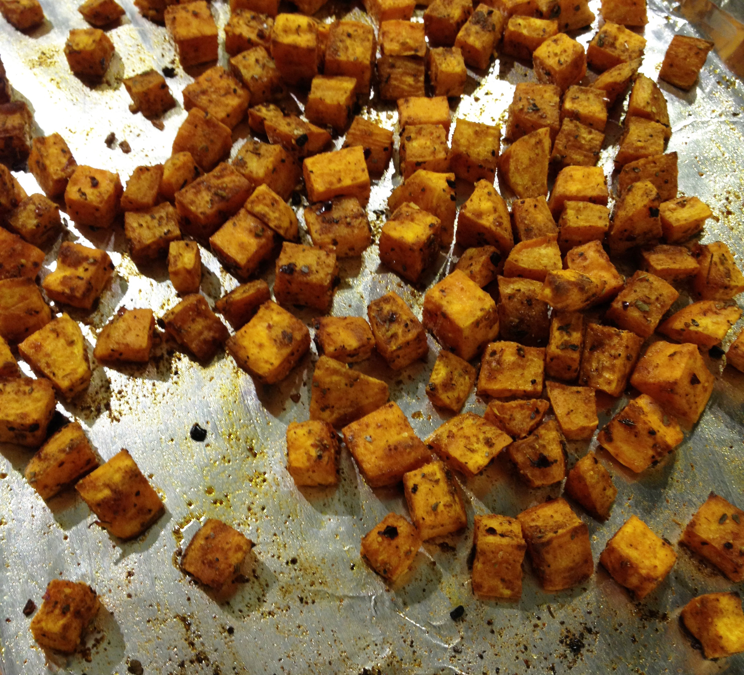 Baked Sweet Potato Cubes
 Larb Gai with Thai Cucumber Salad and Spiced Sweet