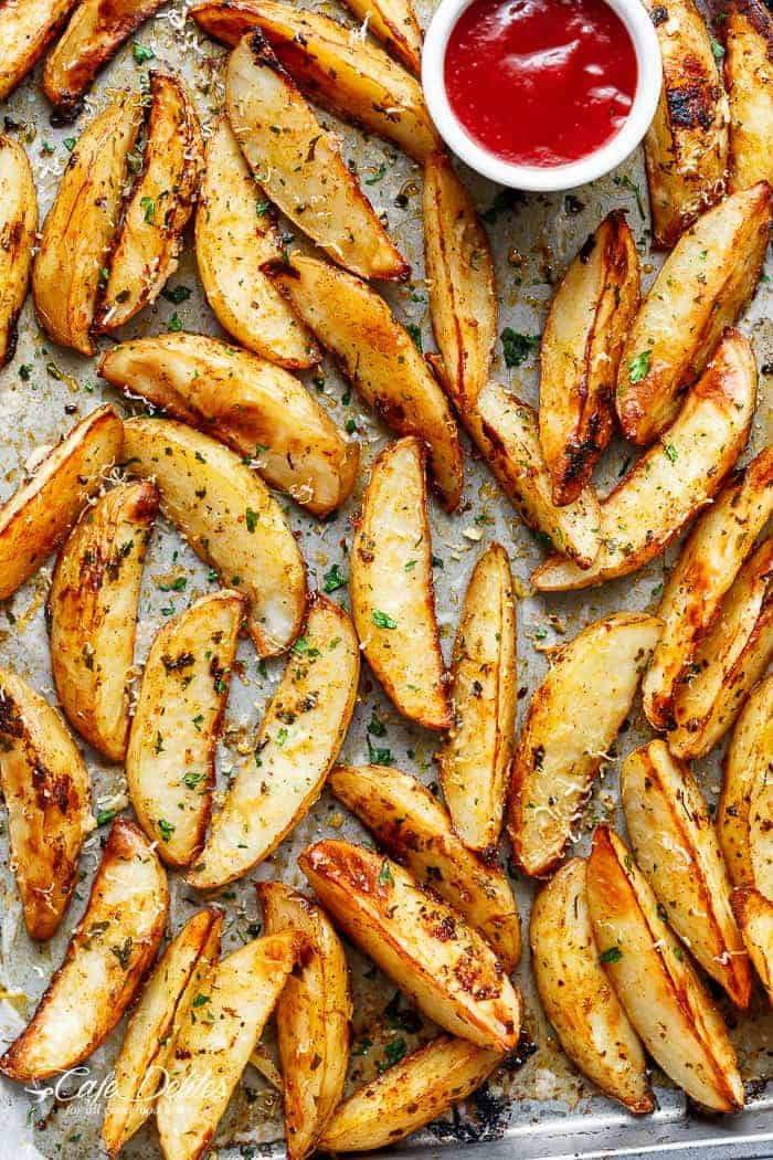 Baking Potato Wedges
 Crispy Garlic Baked Potato Wedges Cafe Delites