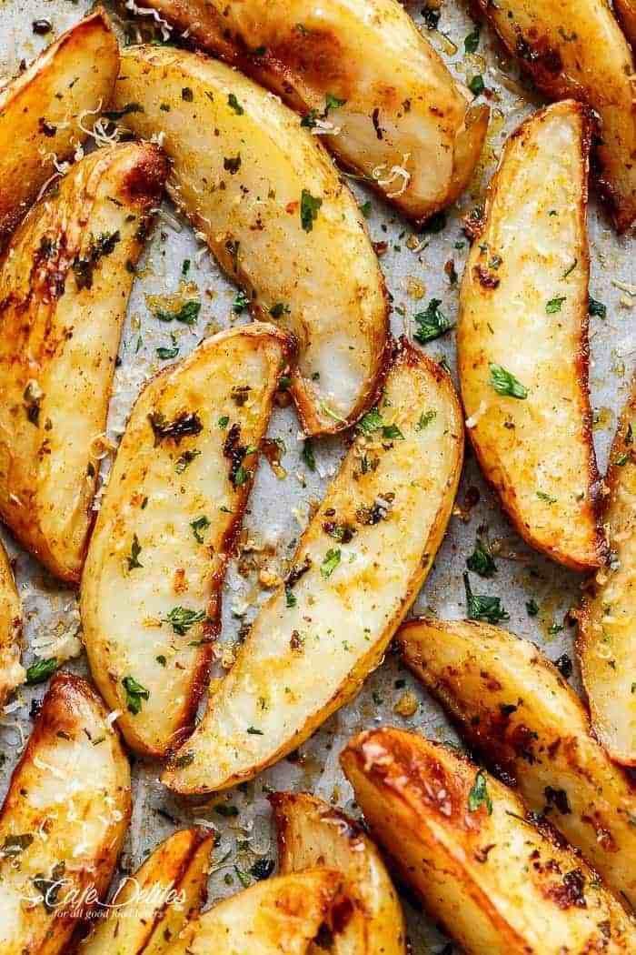 Baking Potato Wedges
 Crispy Garlic Baked Potato Wedges Cafe Delites