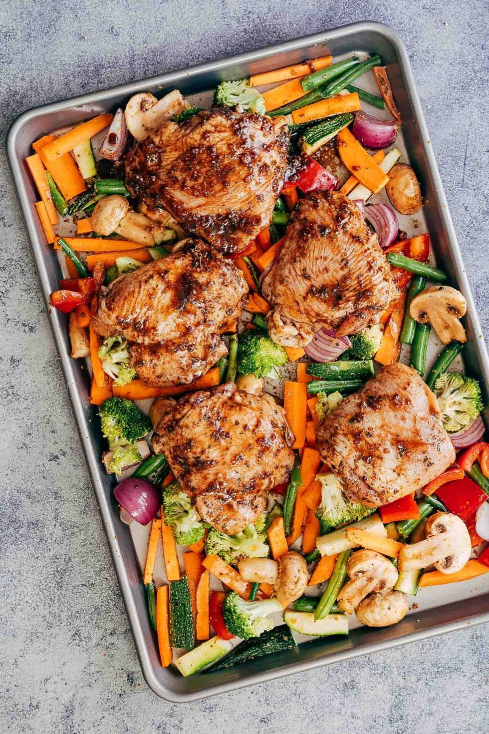 Balsamic Chicken Thighs
 Sheet Pan Honey Balsamic Chicken Thighs with Veggies