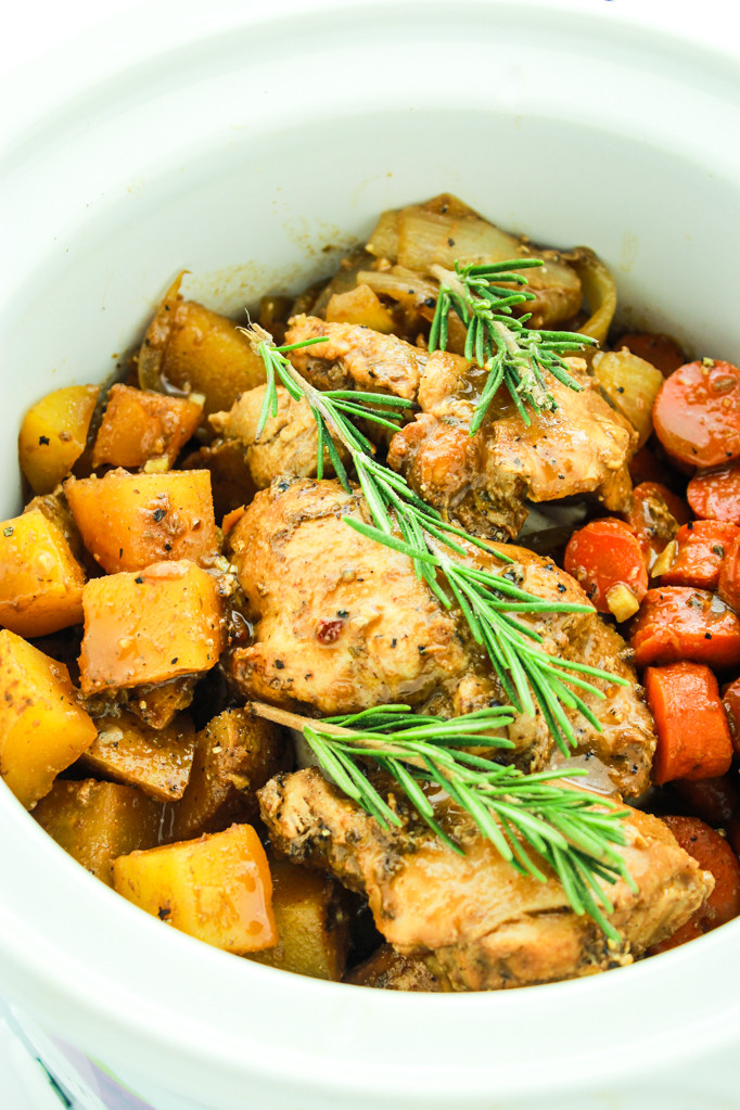 Balsamic Chicken Thighs
 Crockpot Balsamic Dijon Chicken and Ve ables from The