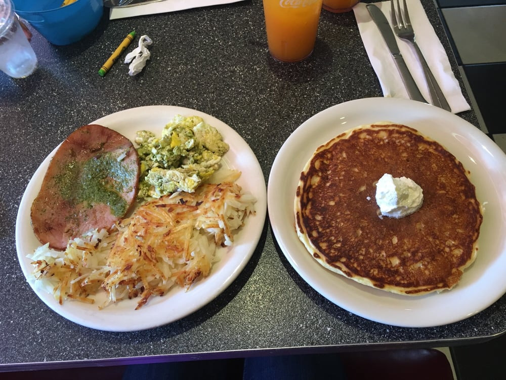 Batter Up Pancakes
 Green eggs and ham pesto basil with hash browns and a