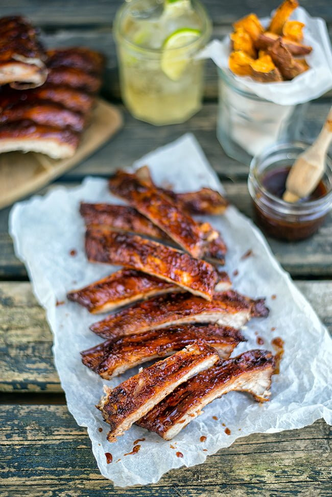 Bbq Pork Ribs
 Dry rubbed ribs with bourbon spiked BBQ sauce perfect on