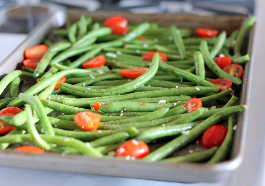 Beans Greens Tomatoes
 Roasted Garlic Parmesan Green Beans with Tomatoes