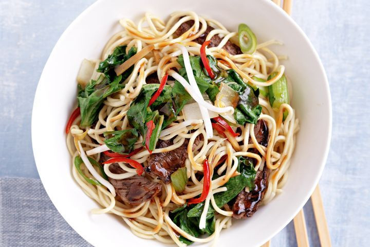 Beef And Egg Noodles
 Soy sesame beef and egg noodle stir fry