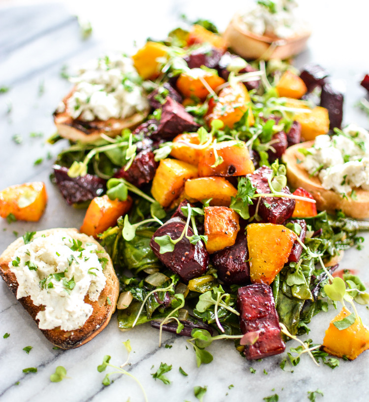 Beet Greens Salad
 Roasted Beets and Beet Greens with Goat Cheese Crostini