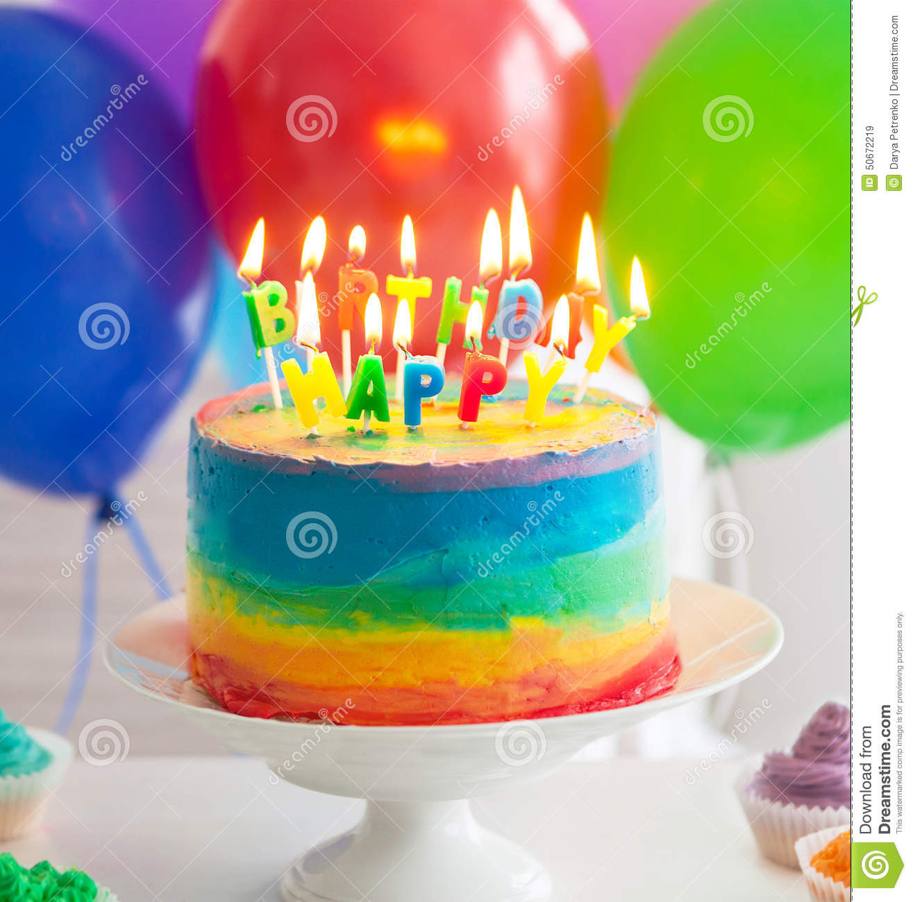 Birthday Cake With Candles And Balloons
 Rainbow Cake And Cupcakes Decorated With Birthday Candles