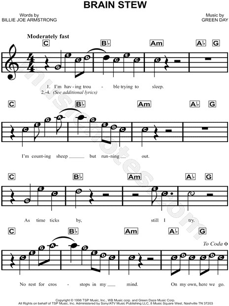 Brain Stew Lyrics
 Green Day "Brain Stew" Sheet Music for Beginners in C