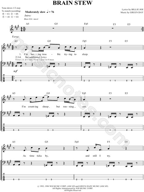 Brain Stew Lyrics
 Green Day "Brain Stew" Bass Tab in A Major Download