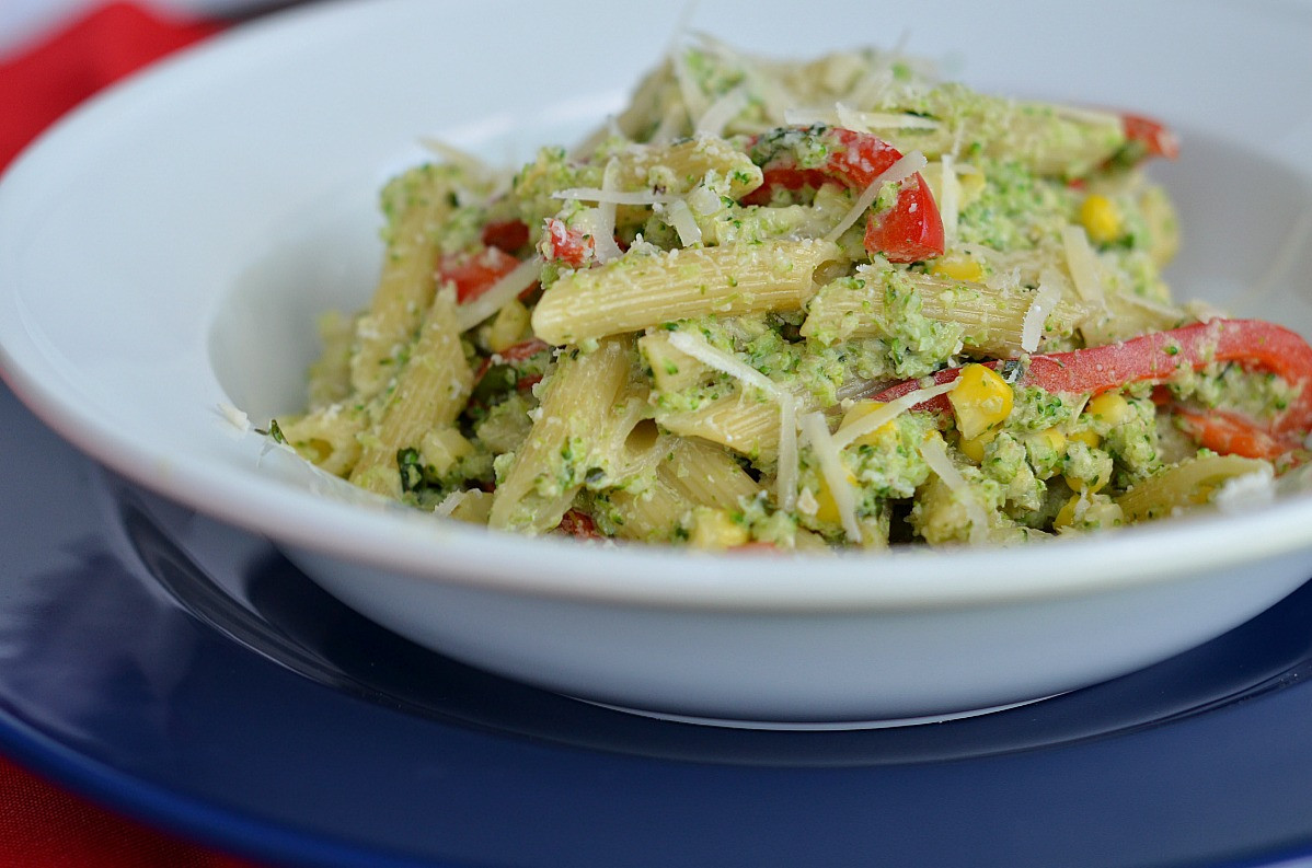 Broccoli Pesto Pasta
 Penne with Broccoli Pesto and Corn Three Many Cooks