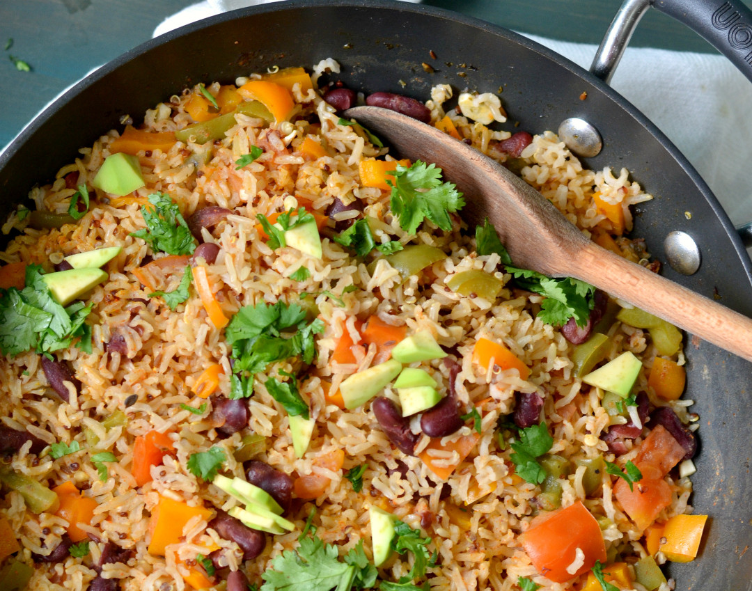 Brown Rice And Quinoa
 Mexican Brown rice and Quinoa skillet Easy vegan one pot