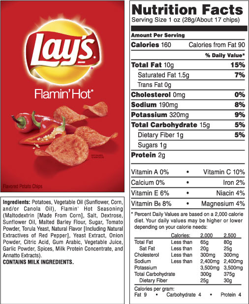 Calories In Potato Chips
 LAY S FLAMIN HOT Flavored Potato Chips