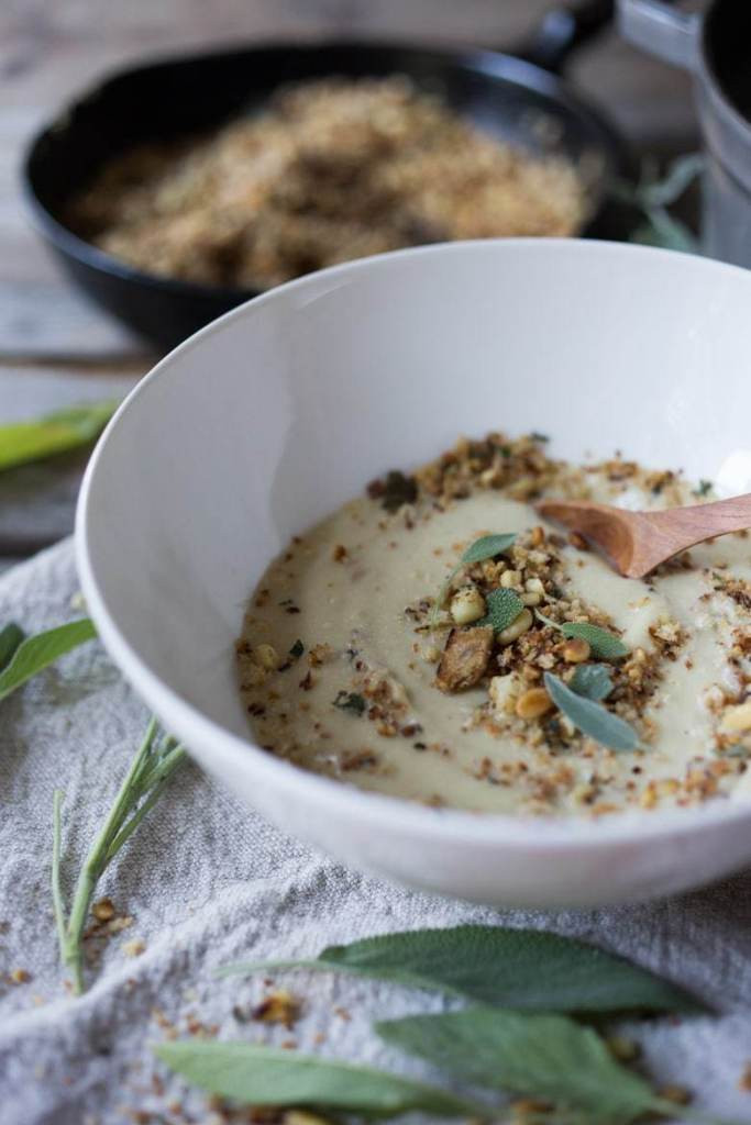 Cauliflower Leek Soup
 Velvety Cauliflower Leek Soup w Sage & Pinenut Crumble