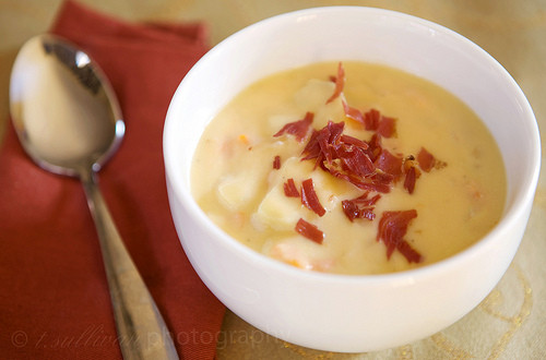 Cheesy Potato Soup
 Cheesy Potato Soup with Crispy Prosciutto