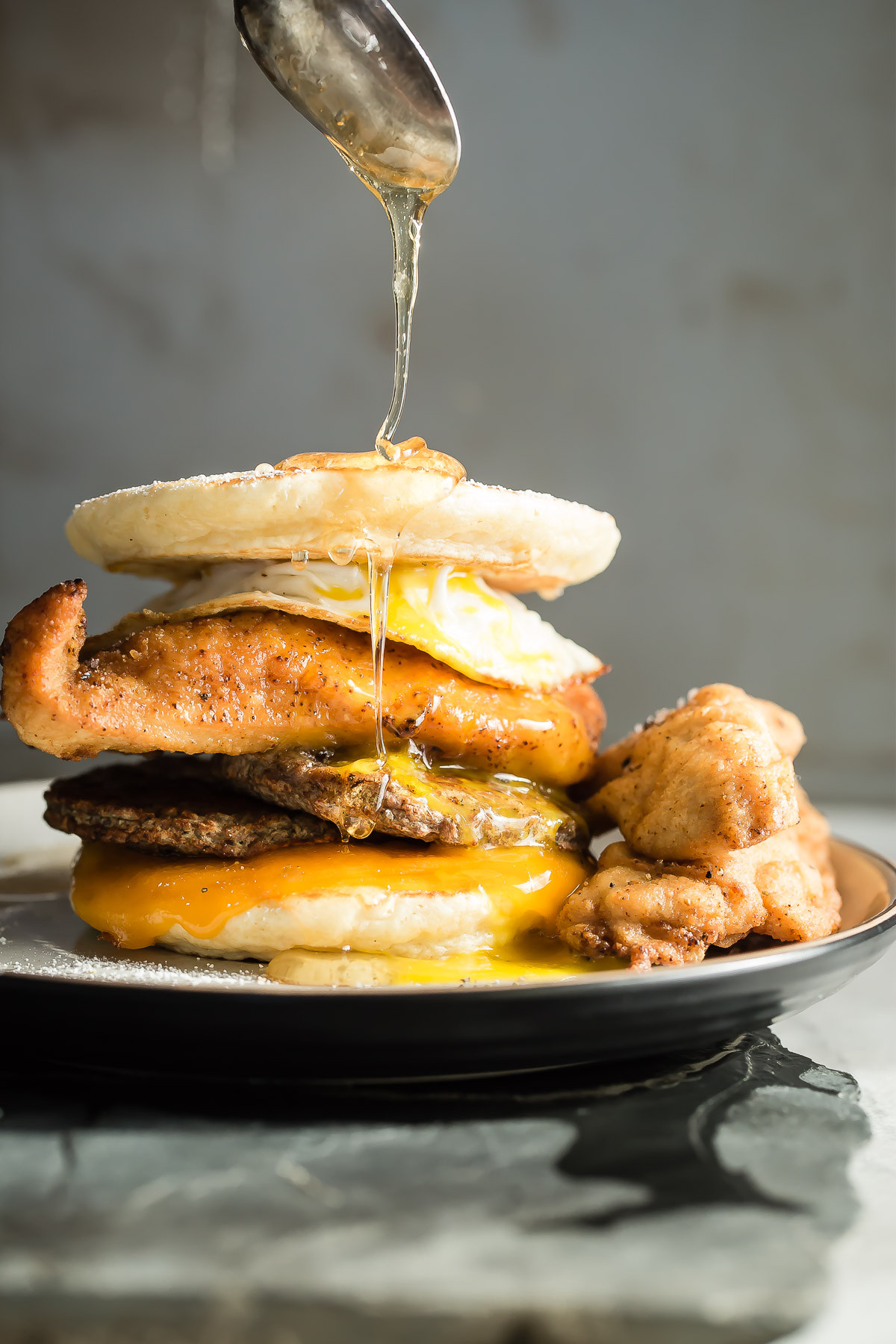 Chicken And Pancakes
 Fried Chicken and Sausage Breakfast Sandwich Foodness